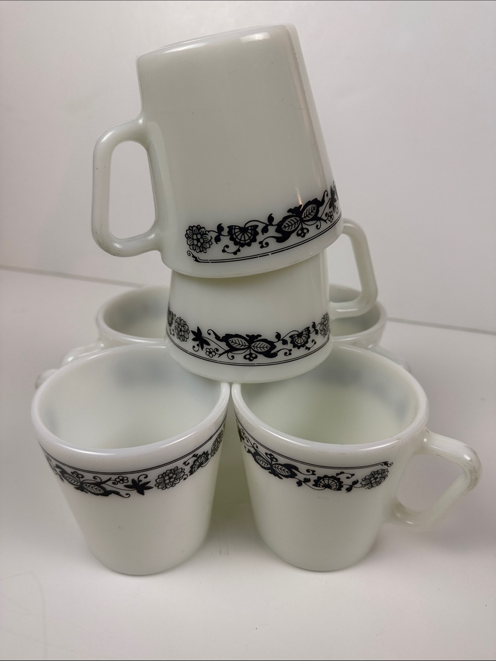 Pyrex White Mugs with Black Floral Band - Set of 6